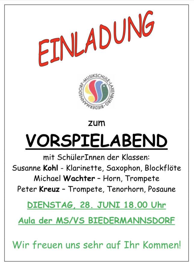 Plakat Bläser-Vorspielabend, am Dienstag, 28. Juni 2022, um 18.00 Uhr